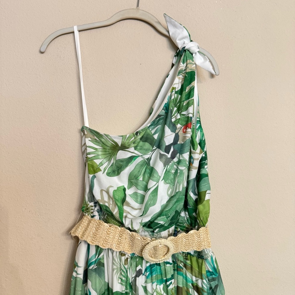 Antonio Melani LINEN Blend Selene Tropical Print One Shoulder Belted Dress Sz 12 - Picture 4 of 16